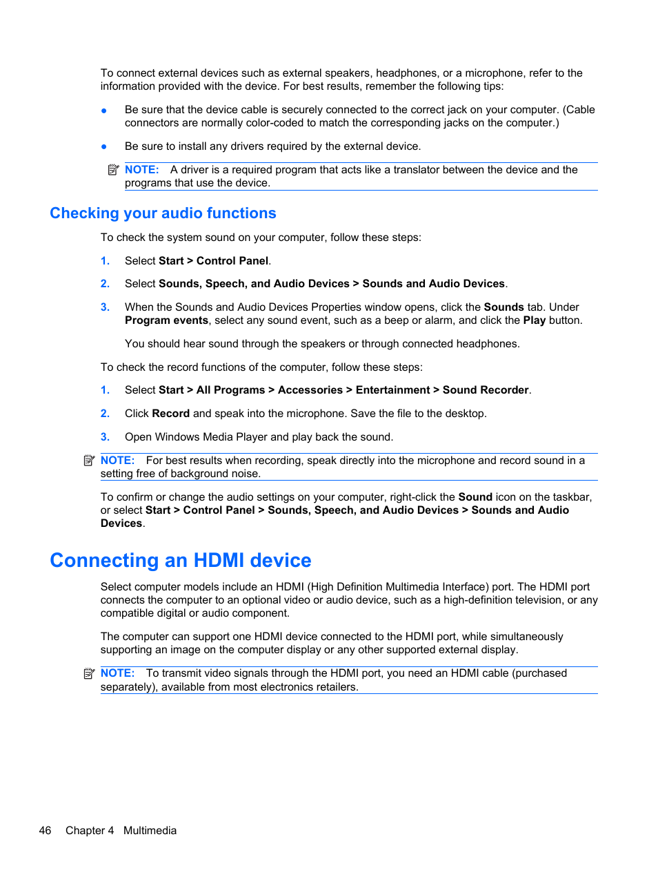 Checking your audio functions, Connecting an hdmi device | HP ProBook 5220m Notebook PC User Manual | Page 58 / 145
