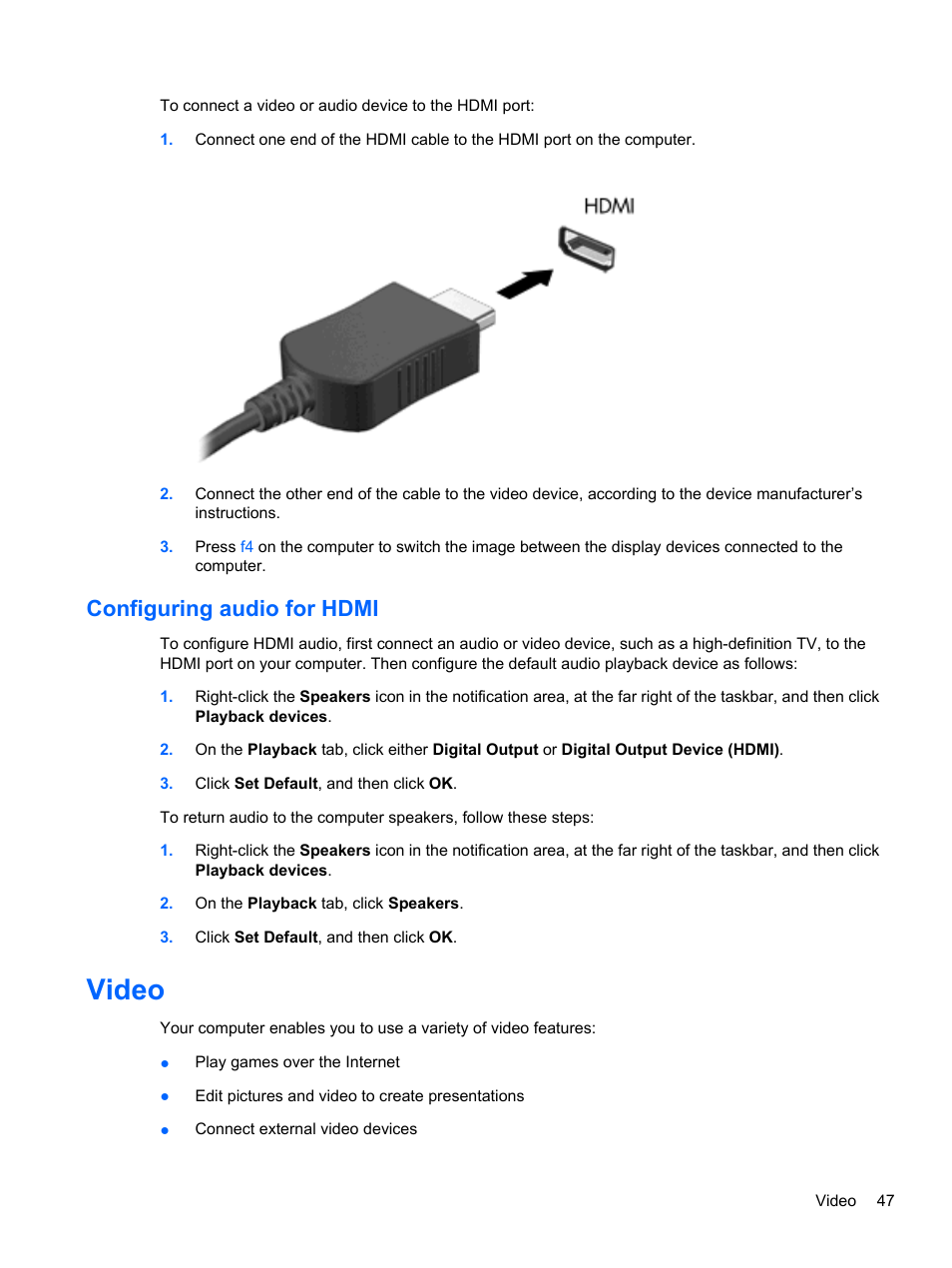Configuring audio for hdmi, Video | HP ProBook 5220m Notebook PC User Manual | Page 59 / 145