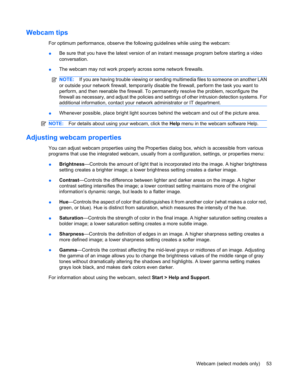 Webcam tips, Adjusting webcam properties, Webcam tips adjusting webcam properties | HP ProBook 5220m Notebook PC User Manual | Page 65 / 145