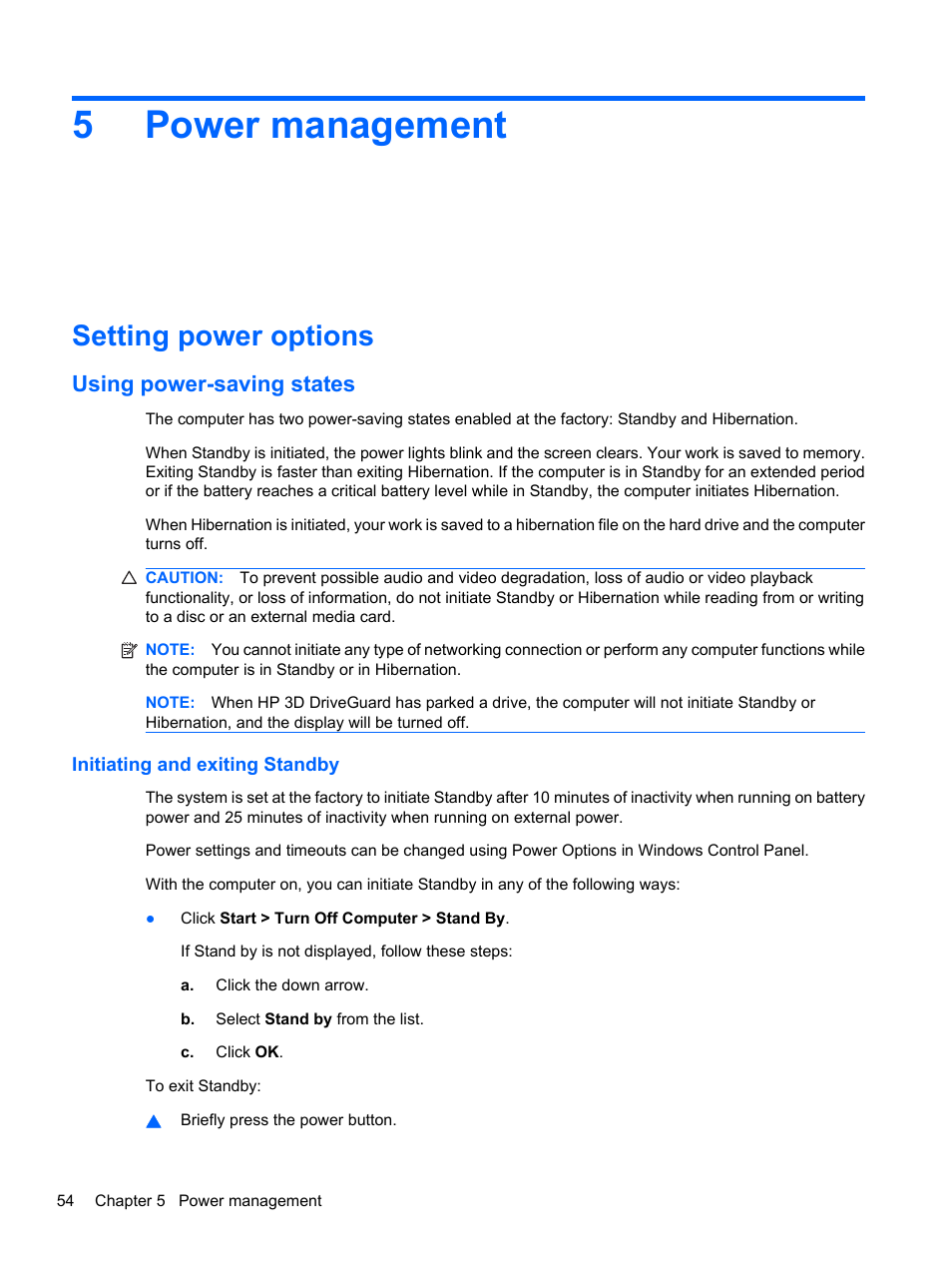 Power management, Setting power options, Using power-saving states | Initiating and exiting standby, 5 power management, 5power management | HP ProBook 5220m Notebook PC User Manual | Page 66 / 145