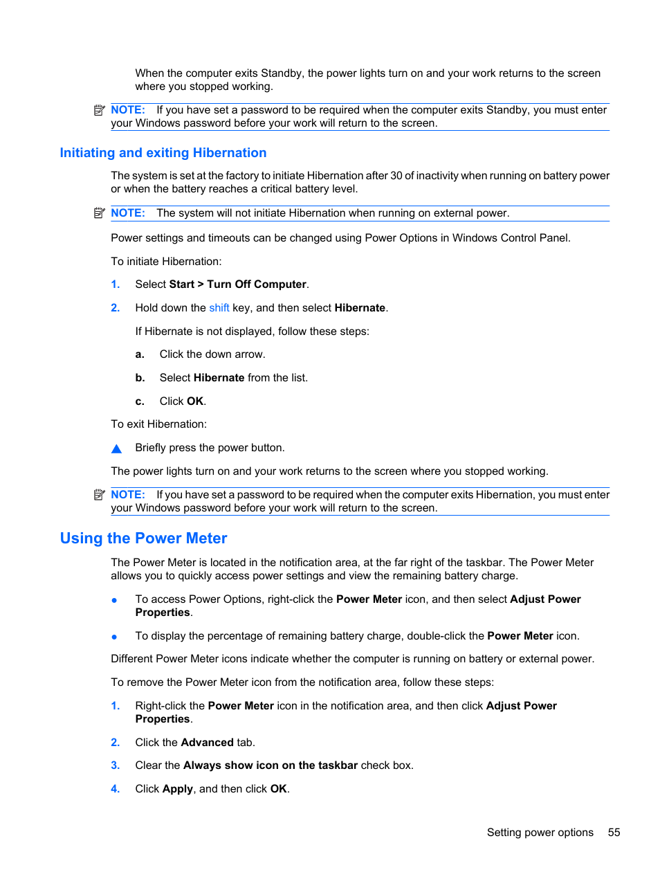Initiating and exiting hibernation, Using the power meter | HP ProBook 5220m Notebook PC User Manual | Page 67 / 145