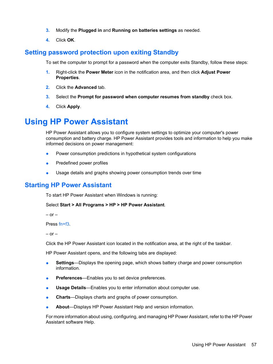 Setting password protection upon exiting standby, Using hp power assistant, Starting hp power assistant | HP ProBook 5220m Notebook PC User Manual | Page 69 / 145