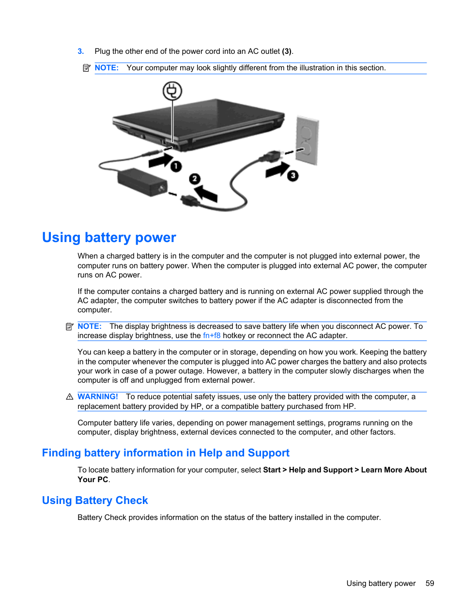 Using battery power, Finding battery information in help and support, Using battery check | HP ProBook 5220m Notebook PC User Manual | Page 71 / 145