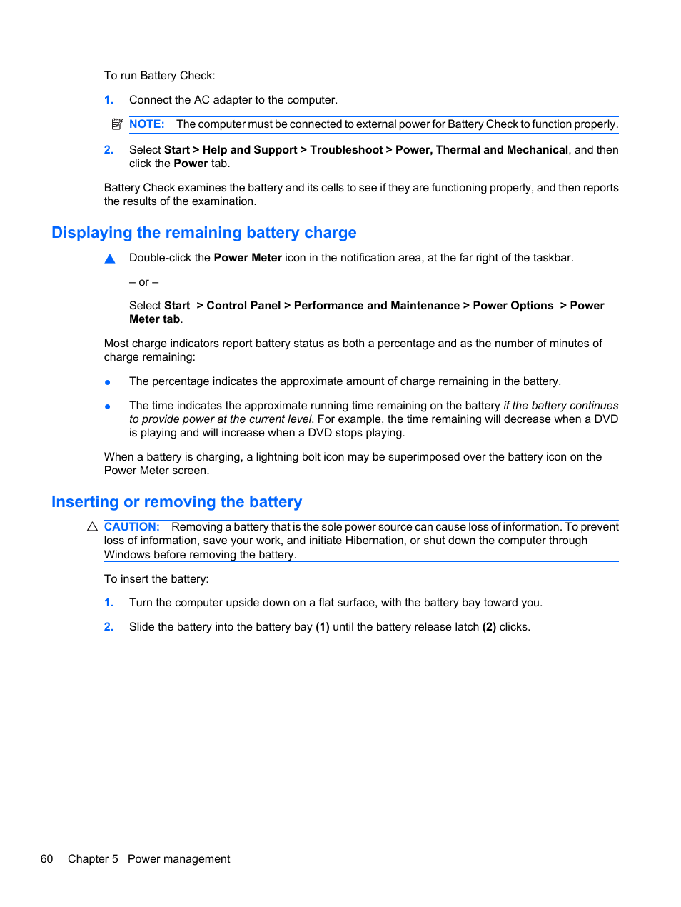 Displaying the remaining battery charge, Inserting or removing the battery | HP ProBook 5220m Notebook PC User Manual | Page 72 / 145