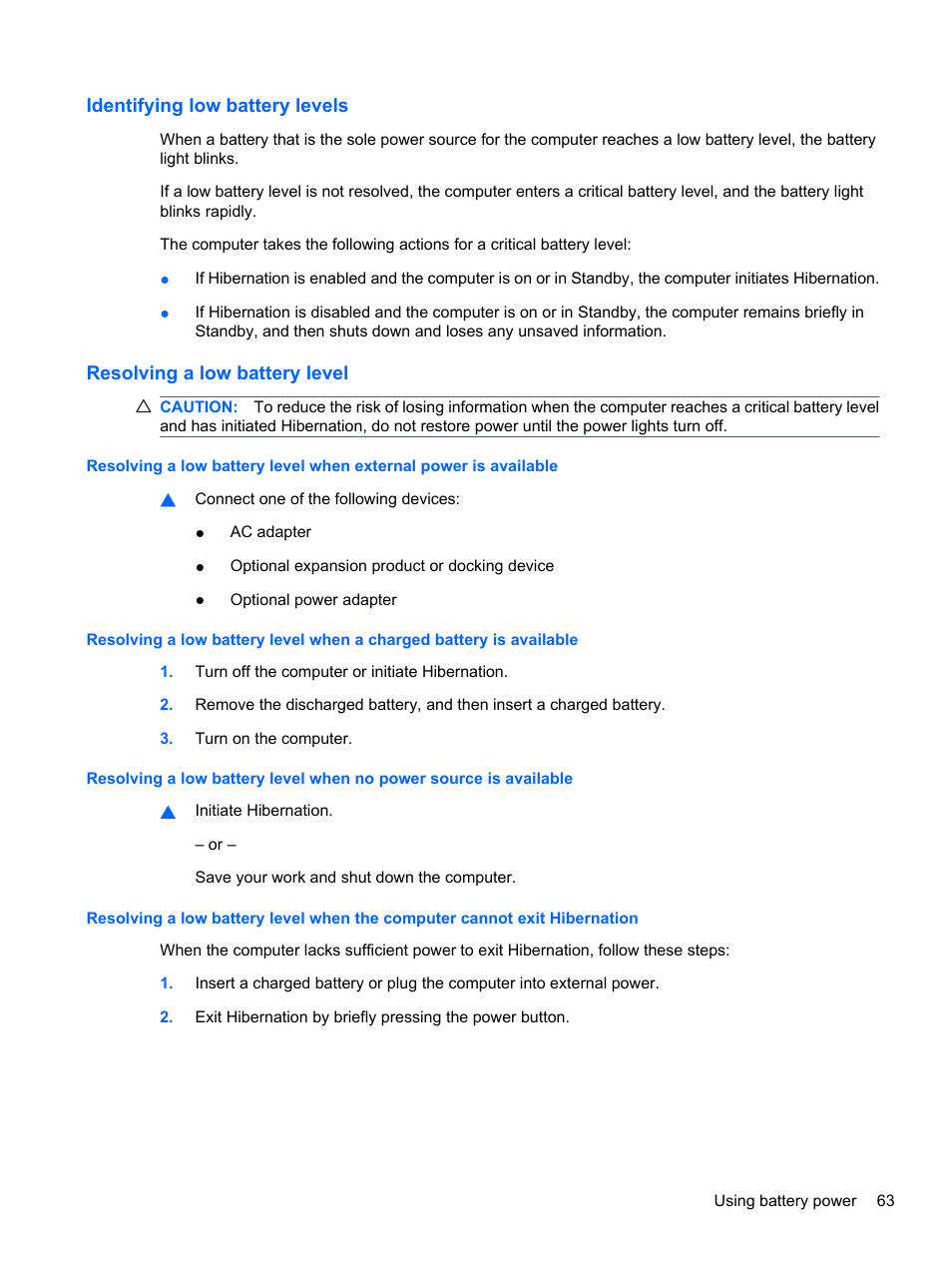 Identifying low battery levels, Resolving a low battery level | HP ProBook 5220m Notebook PC User Manual | Page 75 / 145