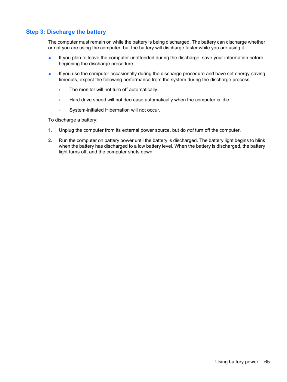 Step 3: discharge the battery | HP ProBook 5220m Notebook PC User Manual | Page 77 / 145