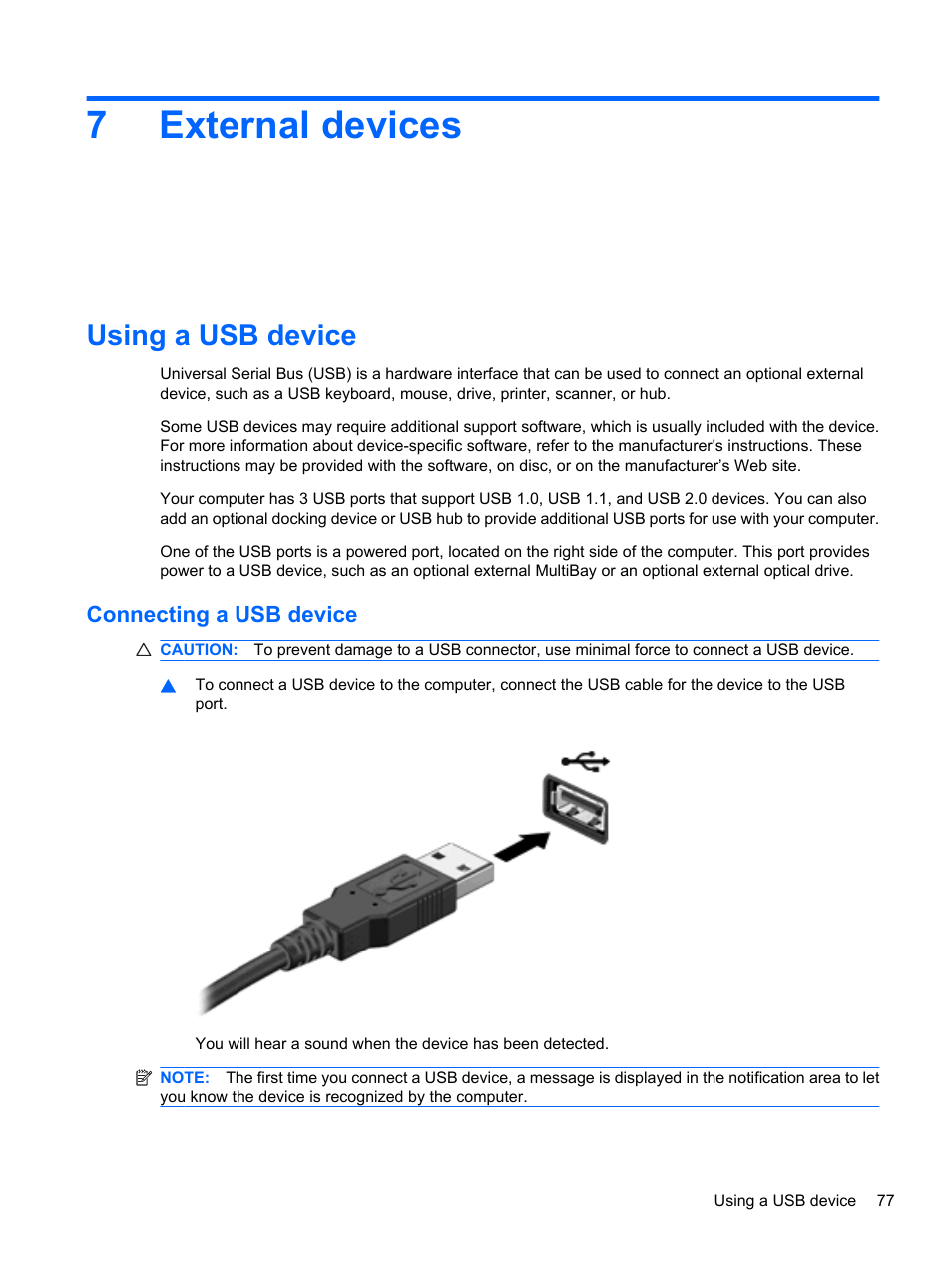 External devices, Using a usb device, Connecting a usb device | 7 external devices, 7external devices | HP ProBook 5220m Notebook PC User Manual | Page 89 / 145