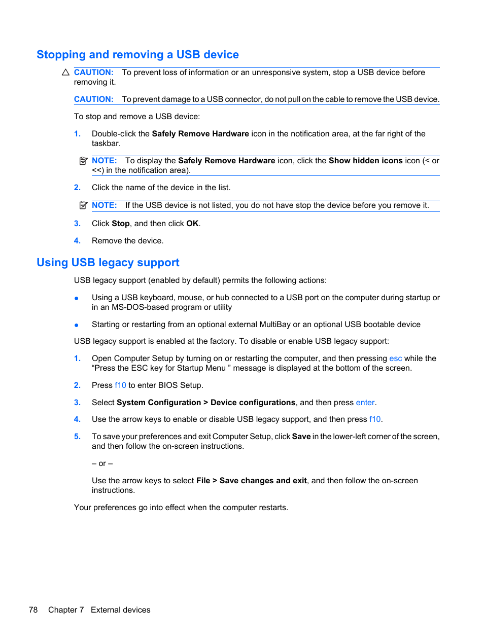 Stopping and removing a usb device, Using usb legacy support | HP ProBook 5220m Notebook PC User Manual | Page 90 / 145