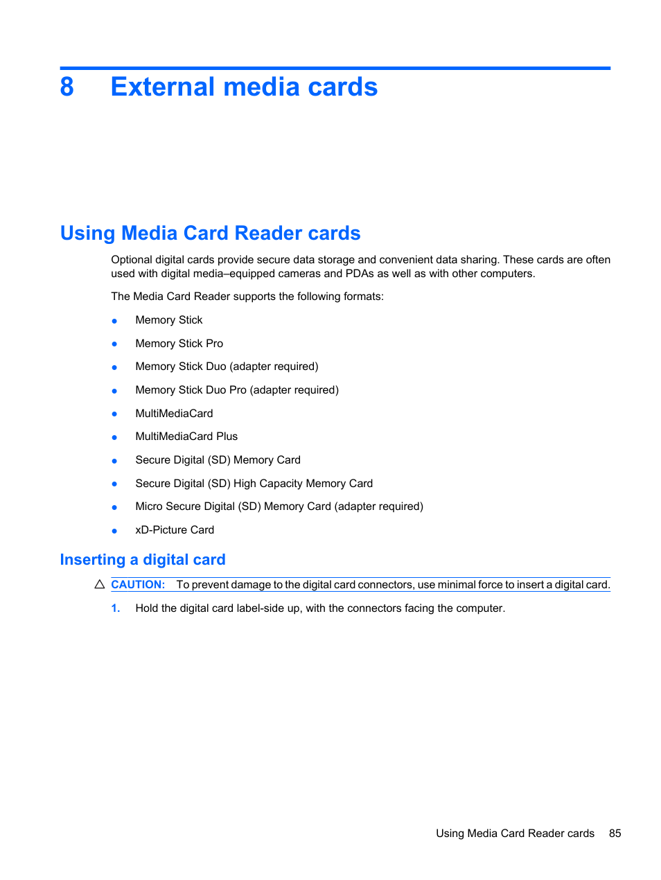 External media cards, Using media card reader cards, Inserting a digital card | 8 external media cards, 8external media cards | HP ProBook 5220m Notebook PC User Manual | Page 97 / 145