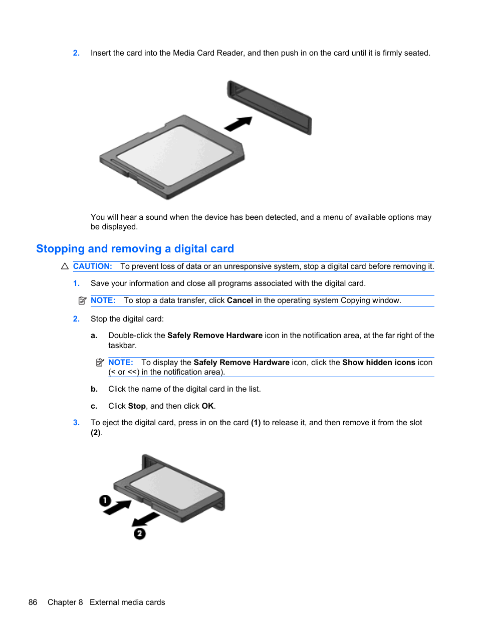 Stopping and removing a digital card | HP ProBook 5220m Notebook PC User Manual | Page 98 / 145