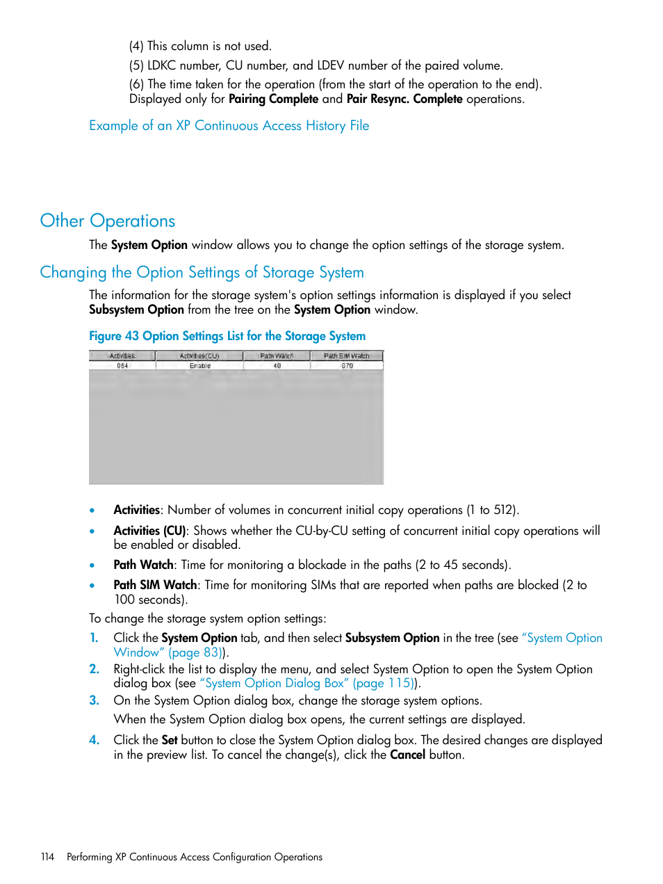 Other operations, Changing the option settings of storage system | HP StorageWorks XP Remote Web Console Software User Manual | Page 114 / 180