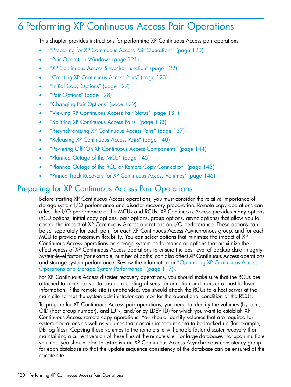 6 performing xp continuous access pair operations, Preparing for xp continuous access pair operations | HP StorageWorks XP Remote Web Console Software User Manual | Page 120 / 180