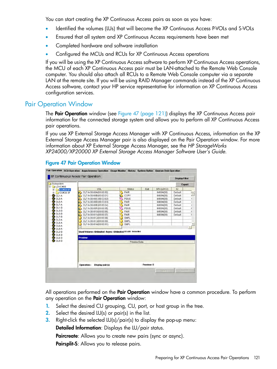 Pair operation window | HP StorageWorks XP Remote Web Console Software User Manual | Page 121 / 180