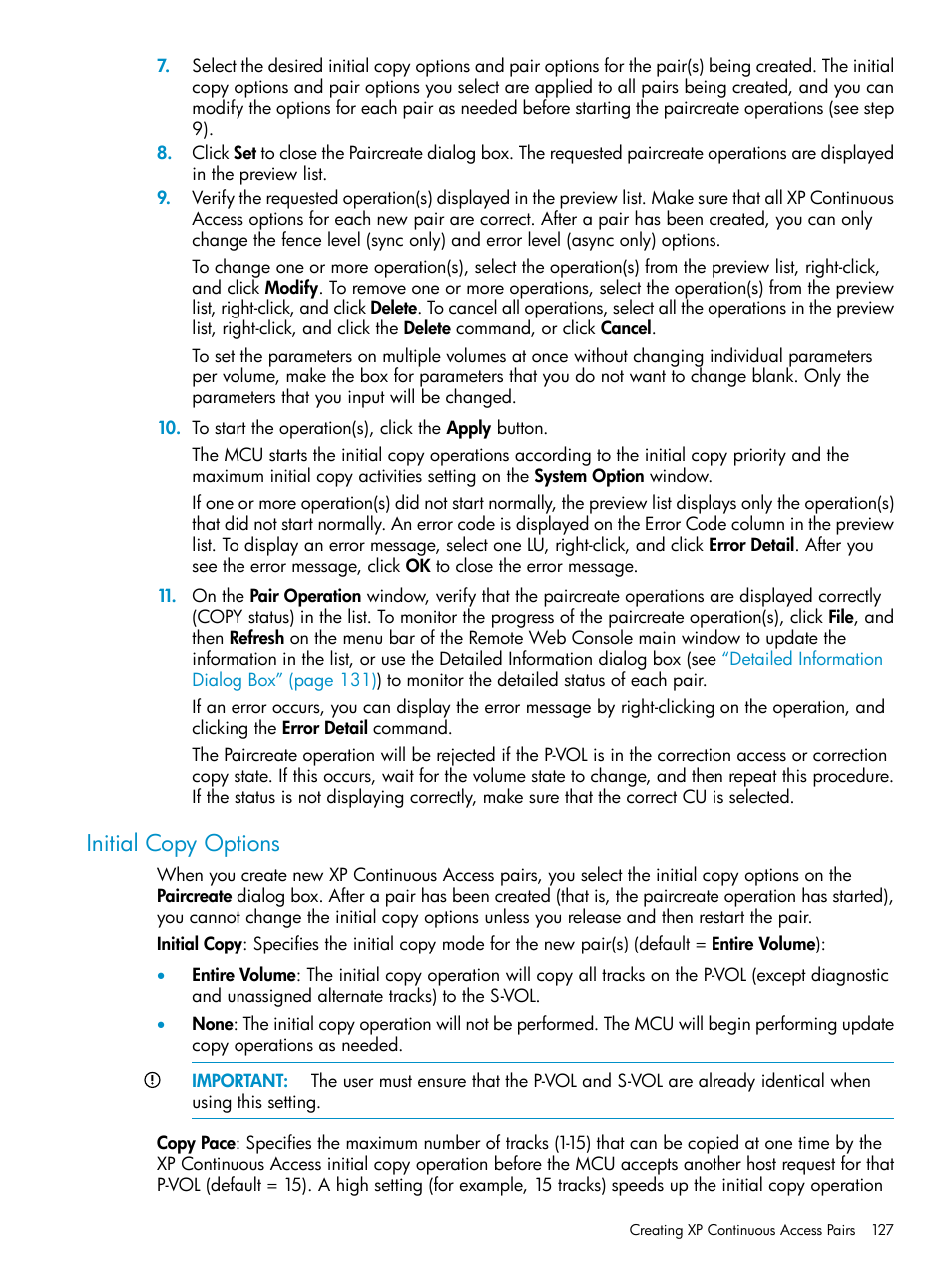 Initial copy options | HP StorageWorks XP Remote Web Console Software User Manual | Page 127 / 180