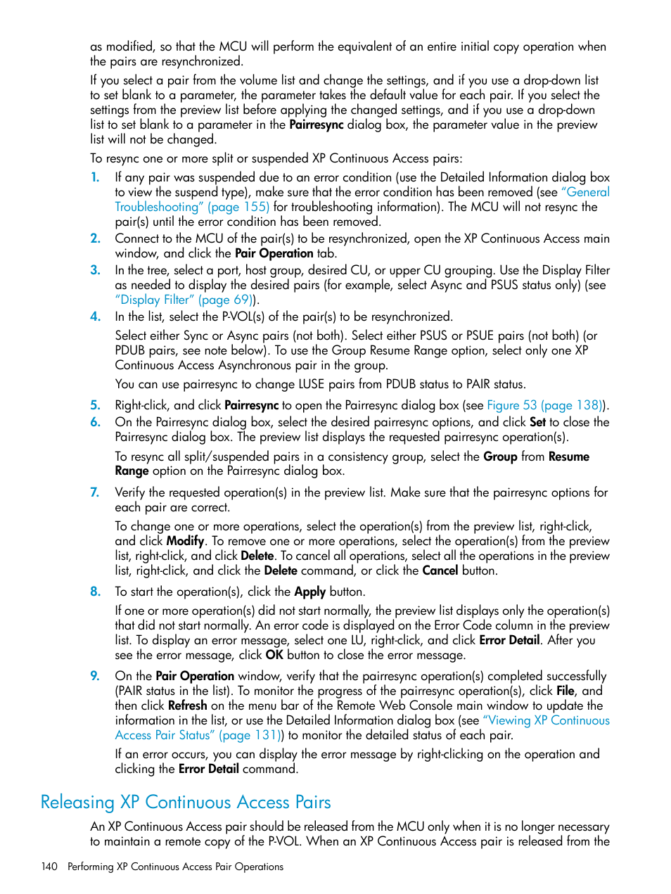 Releasing xp continuous access pairs, Releasing xp | HP StorageWorks XP Remote Web Console Software User Manual | Page 140 / 180