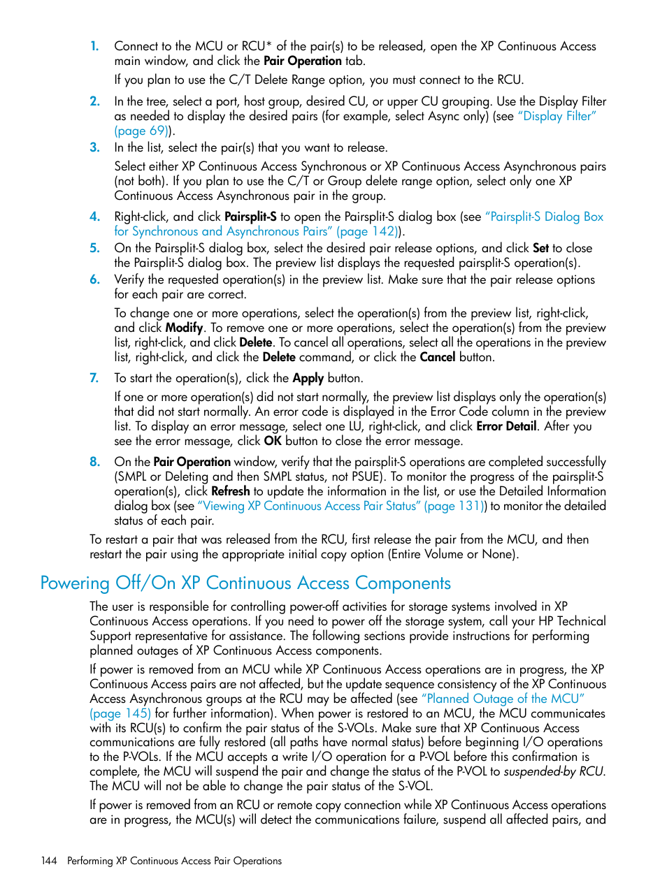 Powering off/on xp continuous access components | HP StorageWorks XP Remote Web Console Software User Manual | Page 144 / 180