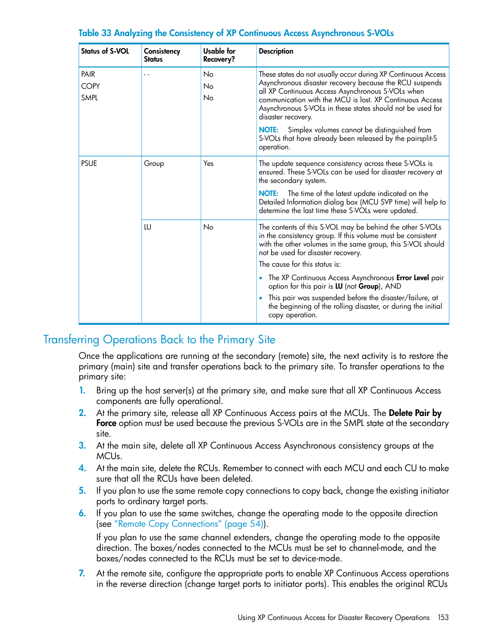 Transferring operations back to the primary site | HP StorageWorks XP Remote Web Console Software User Manual | Page 153 / 180