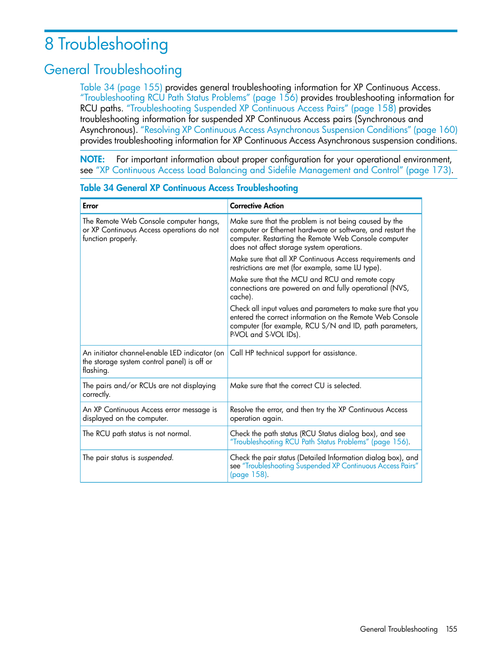 8 troubleshooting, General troubleshooting, General | HP StorageWorks XP Remote Web Console Software User Manual | Page 155 / 180