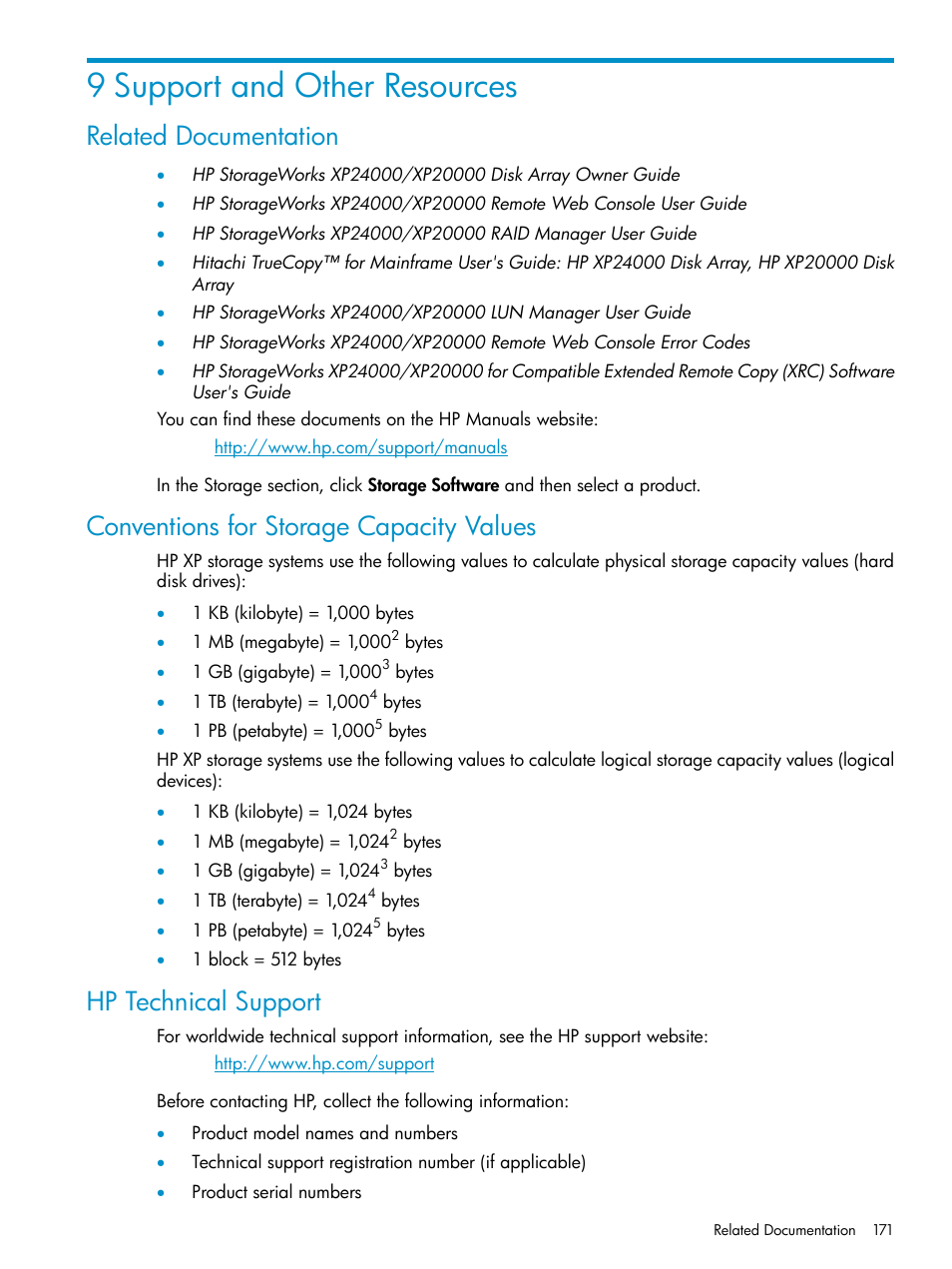 9 support and other resources, Related documentation, Conventions for storage capacity values | Hp technical support | HP StorageWorks XP Remote Web Console Software User Manual | Page 171 / 180