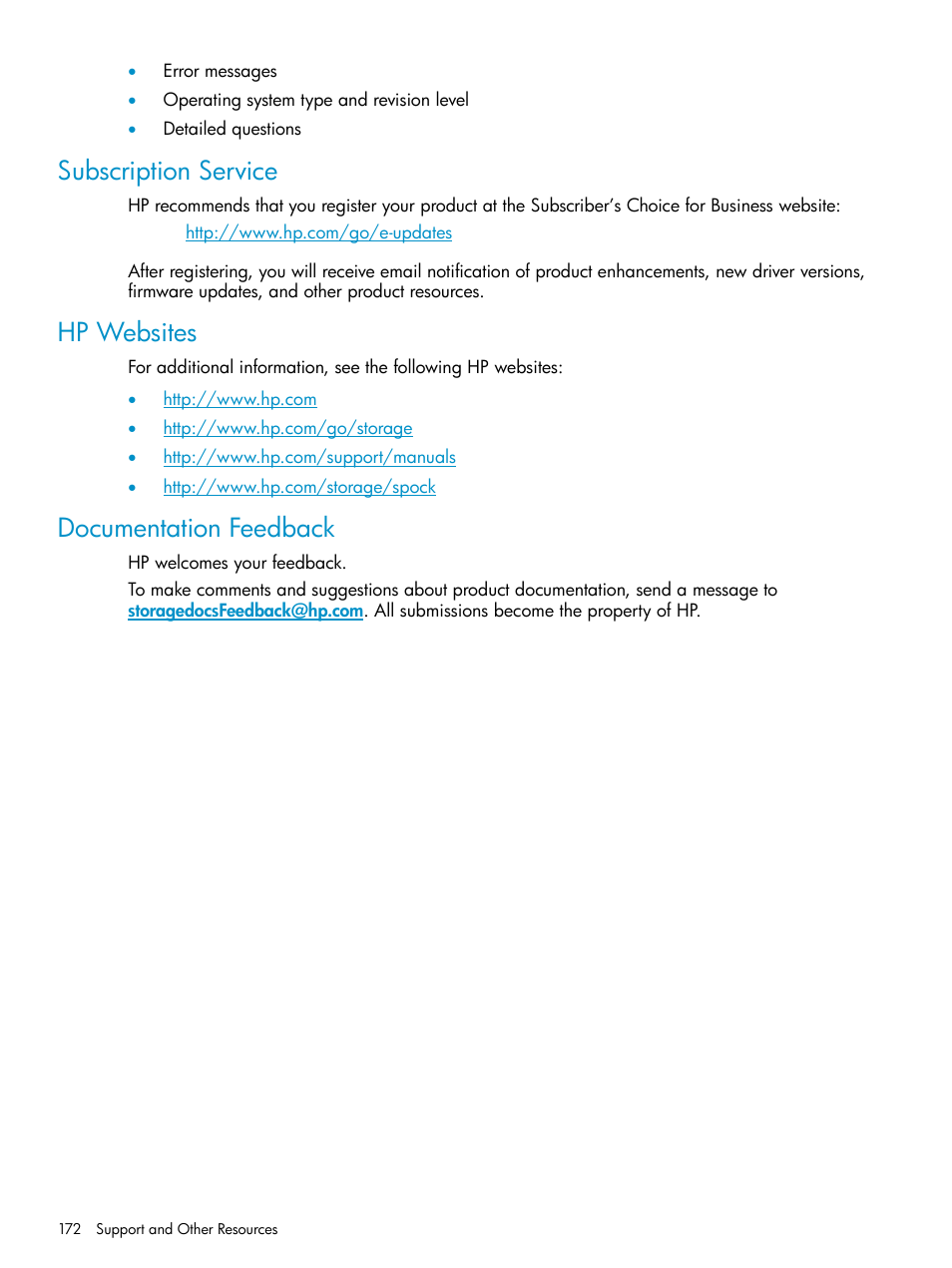 Subscription service, Hp websites, Documentation feedback | Hp websites documentation feedback | HP StorageWorks XP Remote Web Console Software User Manual | Page 172 / 180