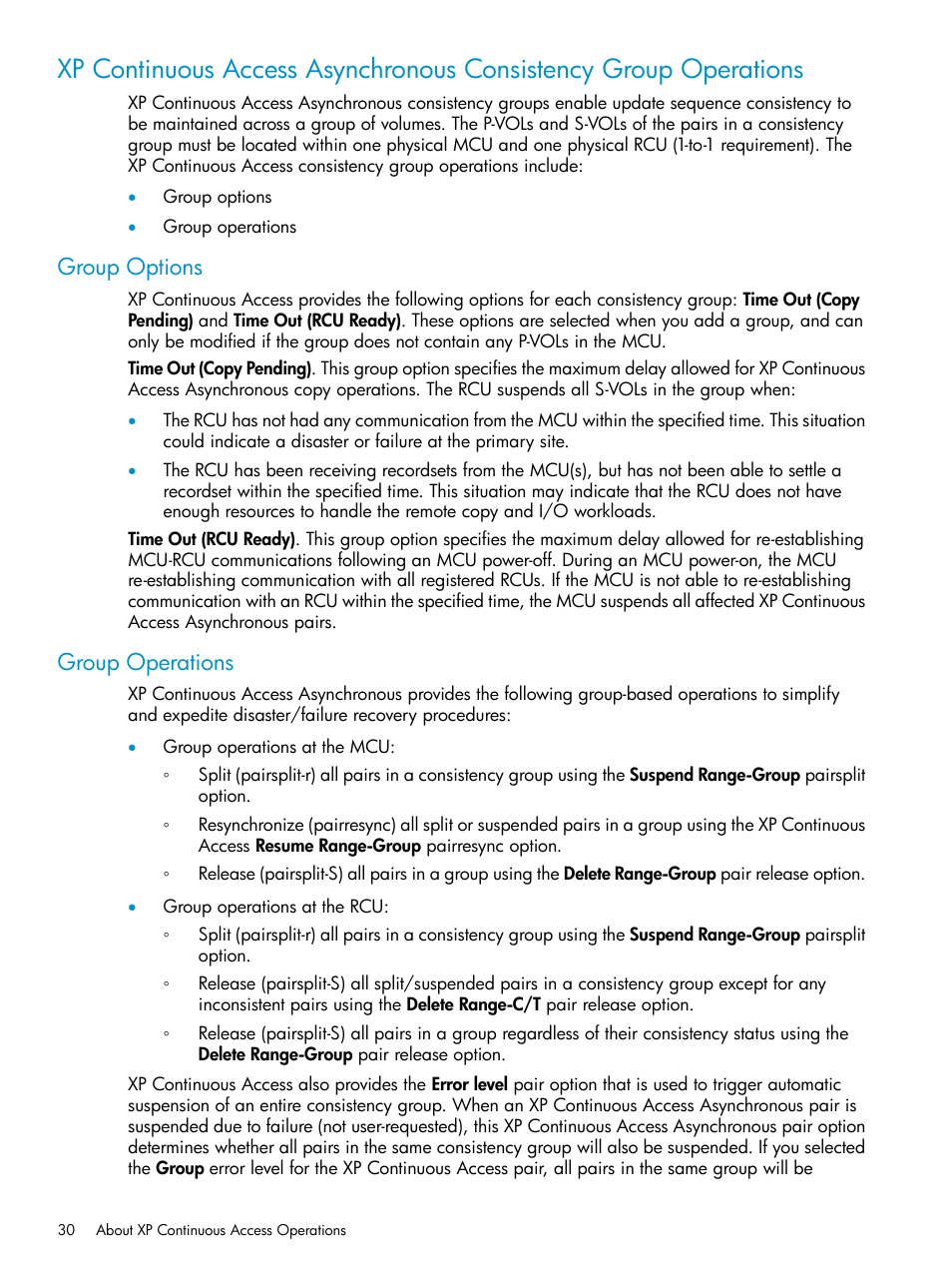 Group options, Group operations, Group options group operations | Xp continuous access asynchronous consistency | HP StorageWorks XP Remote Web Console Software User Manual | Page 30 / 180