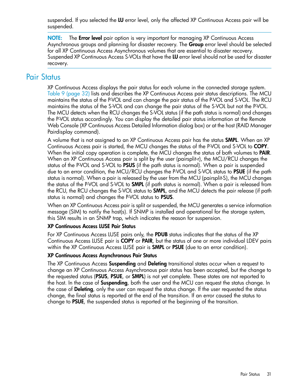 Pair status | HP StorageWorks XP Remote Web Console Software User Manual | Page 31 / 180