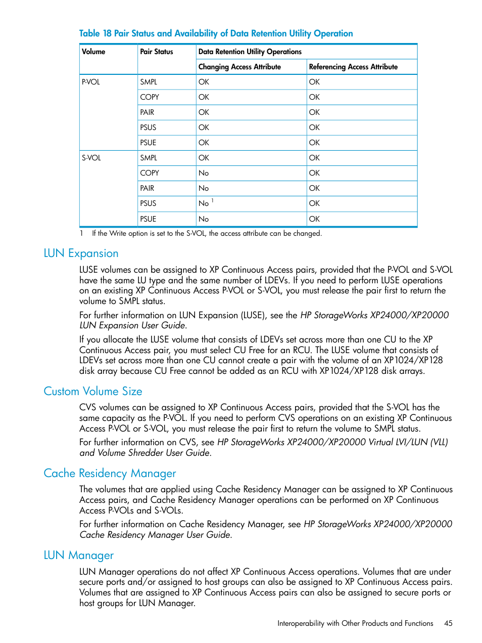 Lun expansion, Custom volume size, Cache residency manager | Lun manager | HP StorageWorks XP Remote Web Console Software User Manual | Page 45 / 180