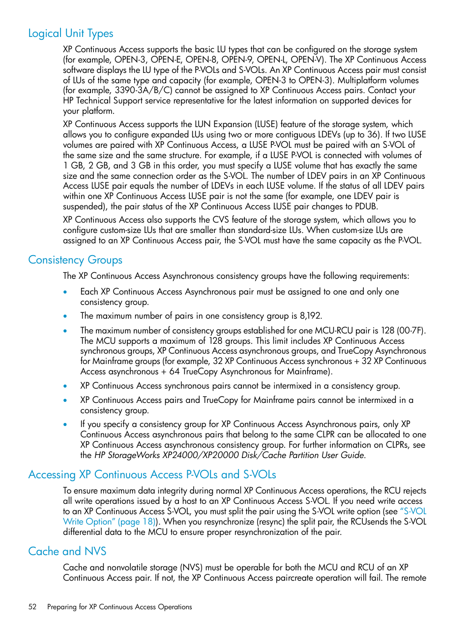 Logical unit types, Consistency groups, Accessing xp continuous access p-vols and s-vols | Cache and nvs | HP StorageWorks XP Remote Web Console Software User Manual | Page 52 / 180