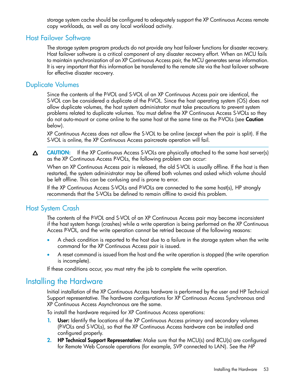 Host failover software, Duplicate volumes, Host system crash | Installing the hardware | HP StorageWorks XP Remote Web Console Software User Manual | Page 53 / 180
