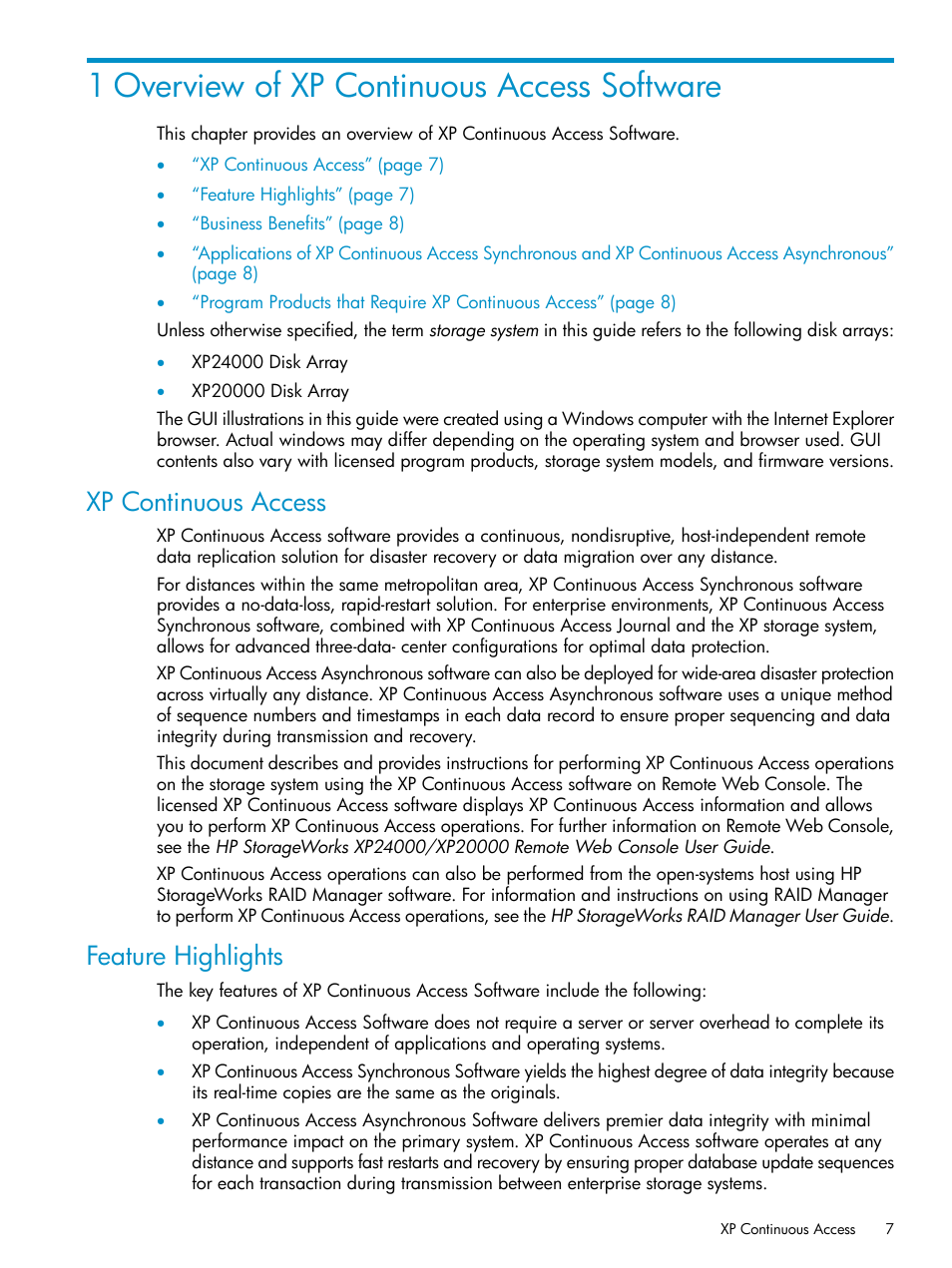 1 overview of xp continuous access software, Xp continuous access, Feature highlights | Xp continuous access feature highlights | HP StorageWorks XP Remote Web Console Software User Manual | Page 7 / 180