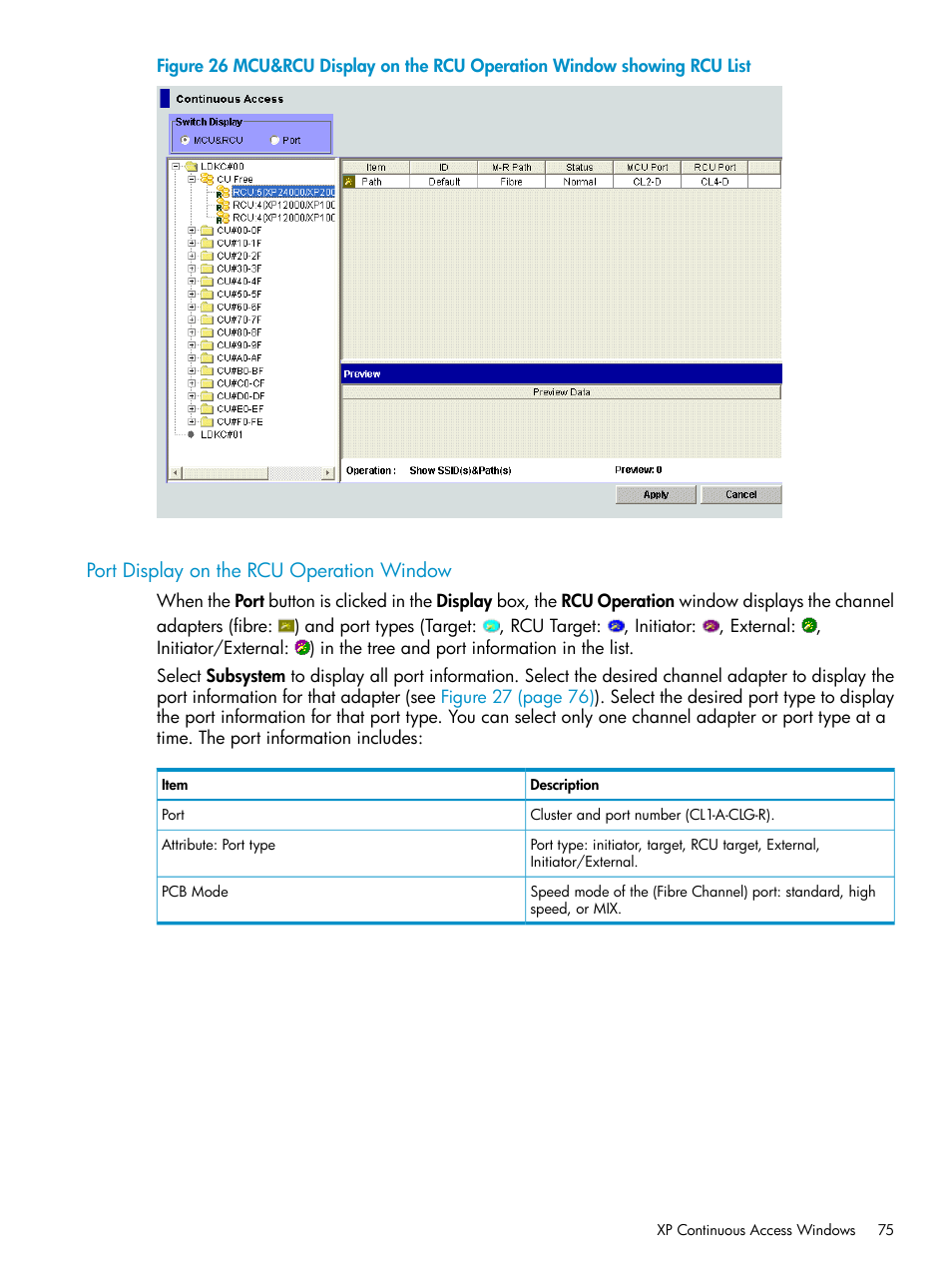 Port display on the rcu operation window, Mcu&rcu, Mcu&rcu display | HP StorageWorks XP Remote Web Console Software User Manual | Page 75 / 180