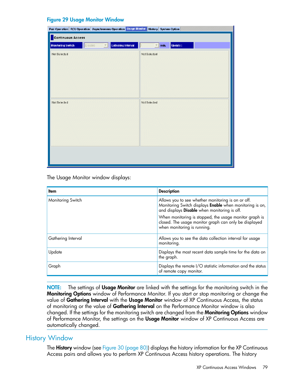 History window, History | HP StorageWorks XP Remote Web Console Software User Manual | Page 79 / 180
