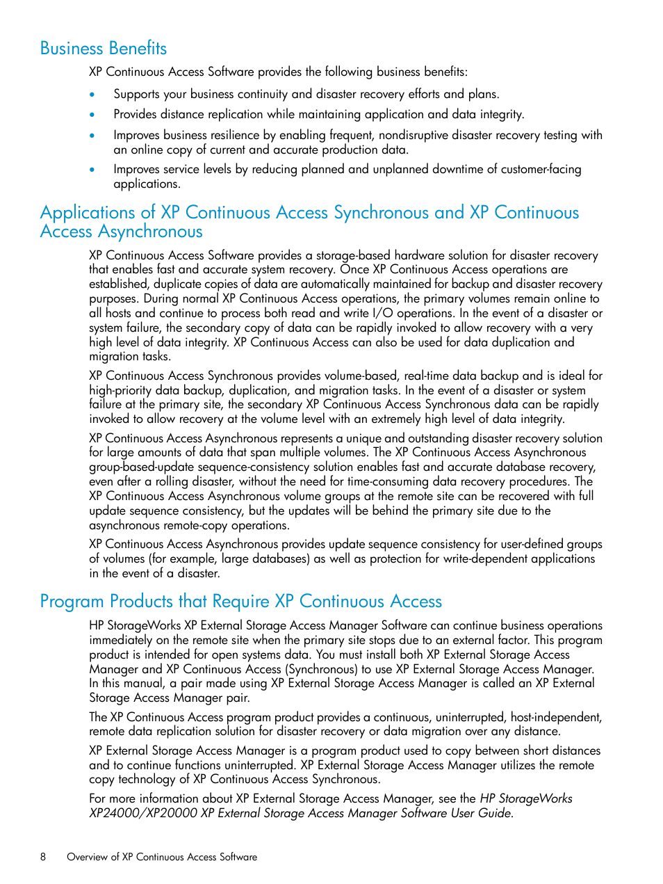 Business benefits, Program products that require xp continuous access | HP StorageWorks XP Remote Web Console Software User Manual | Page 8 / 180