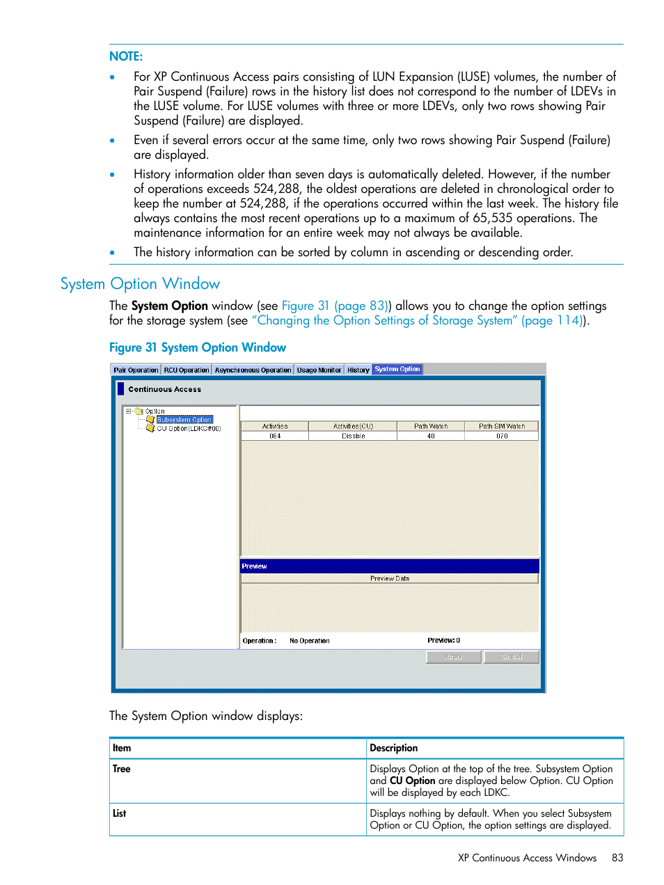 System option window, System | HP StorageWorks XP Remote Web Console Software User Manual | Page 83 / 180