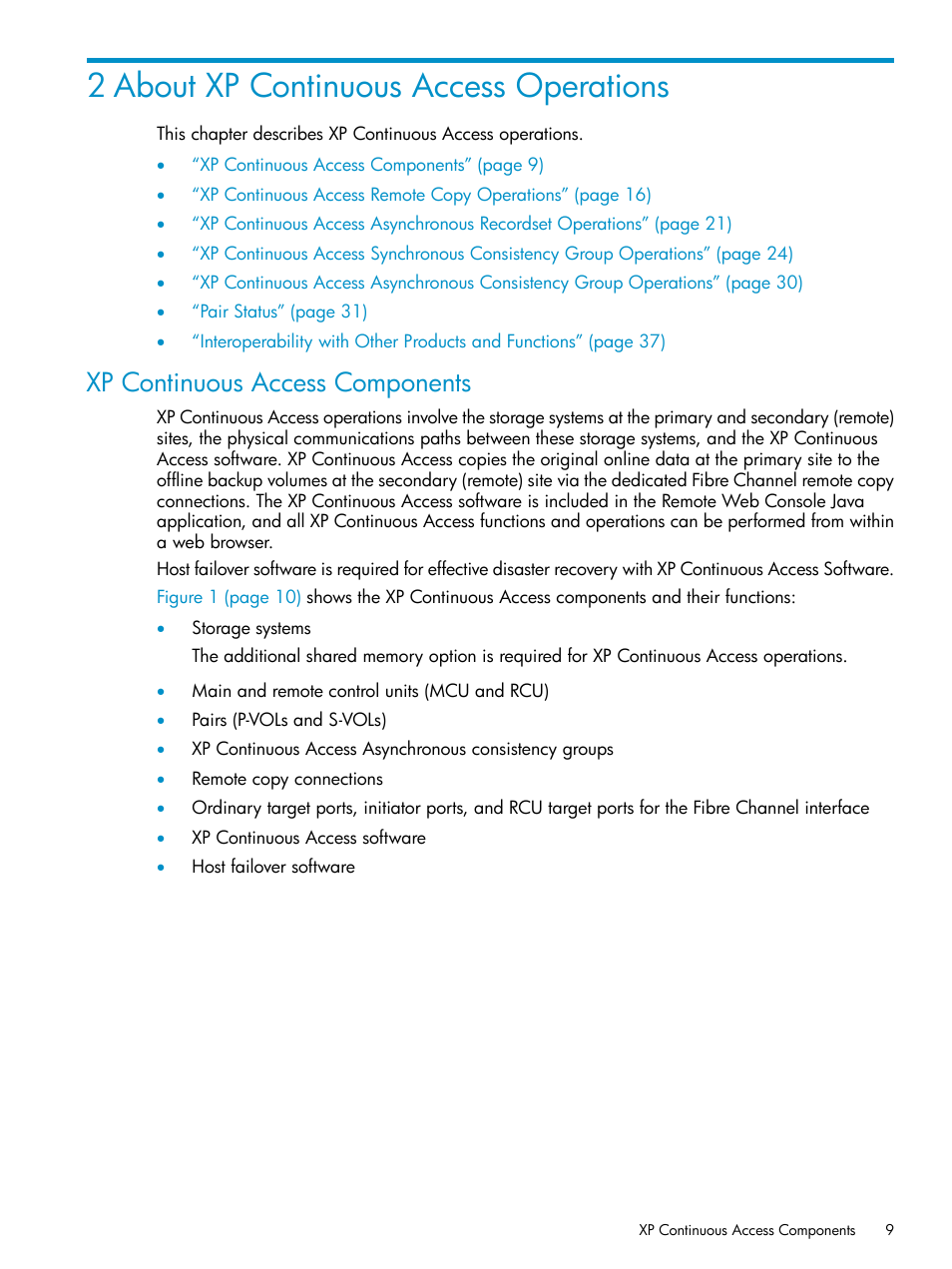 2 about xp continuous access operations, Xp continuous access components | HP StorageWorks XP Remote Web Console Software User Manual | Page 9 / 180