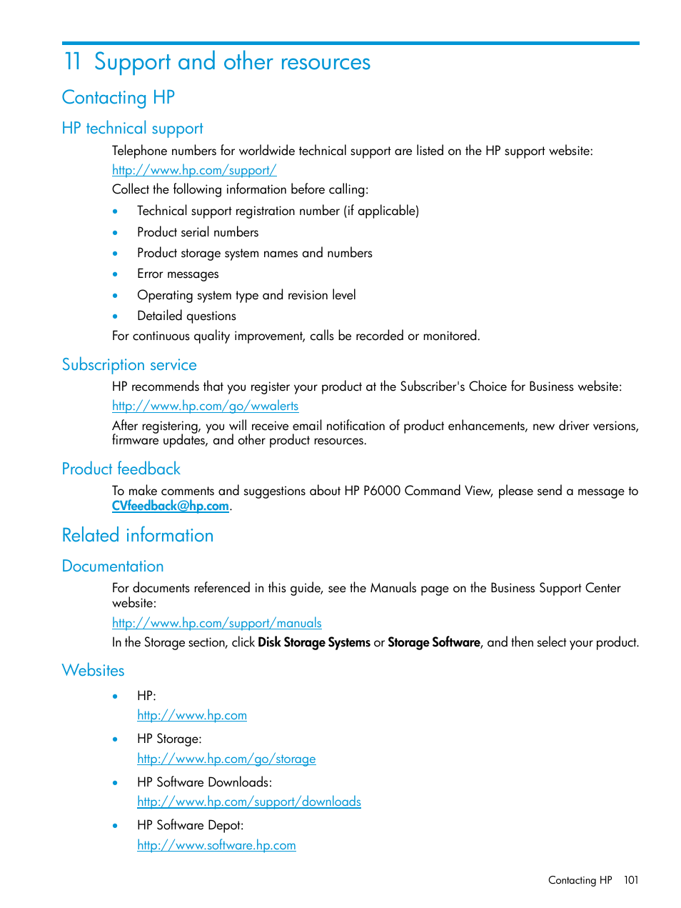 11 support and other resources, Contacting hp, Hp technical support | Subscription service, Product feedback, Related information, Documentation, Websites, Documentation websites | HP Command View EVA Software User Manual | Page 101 / 113