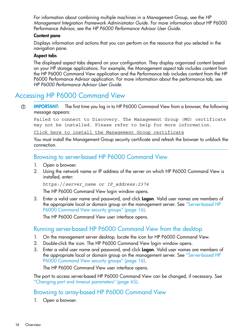 Accessing hp p6000 command view, Browsing to server-based hp p6000 command view, Browsing to array-based hp p6000 command view | HP Command View EVA Software User Manual | Page 14 / 113