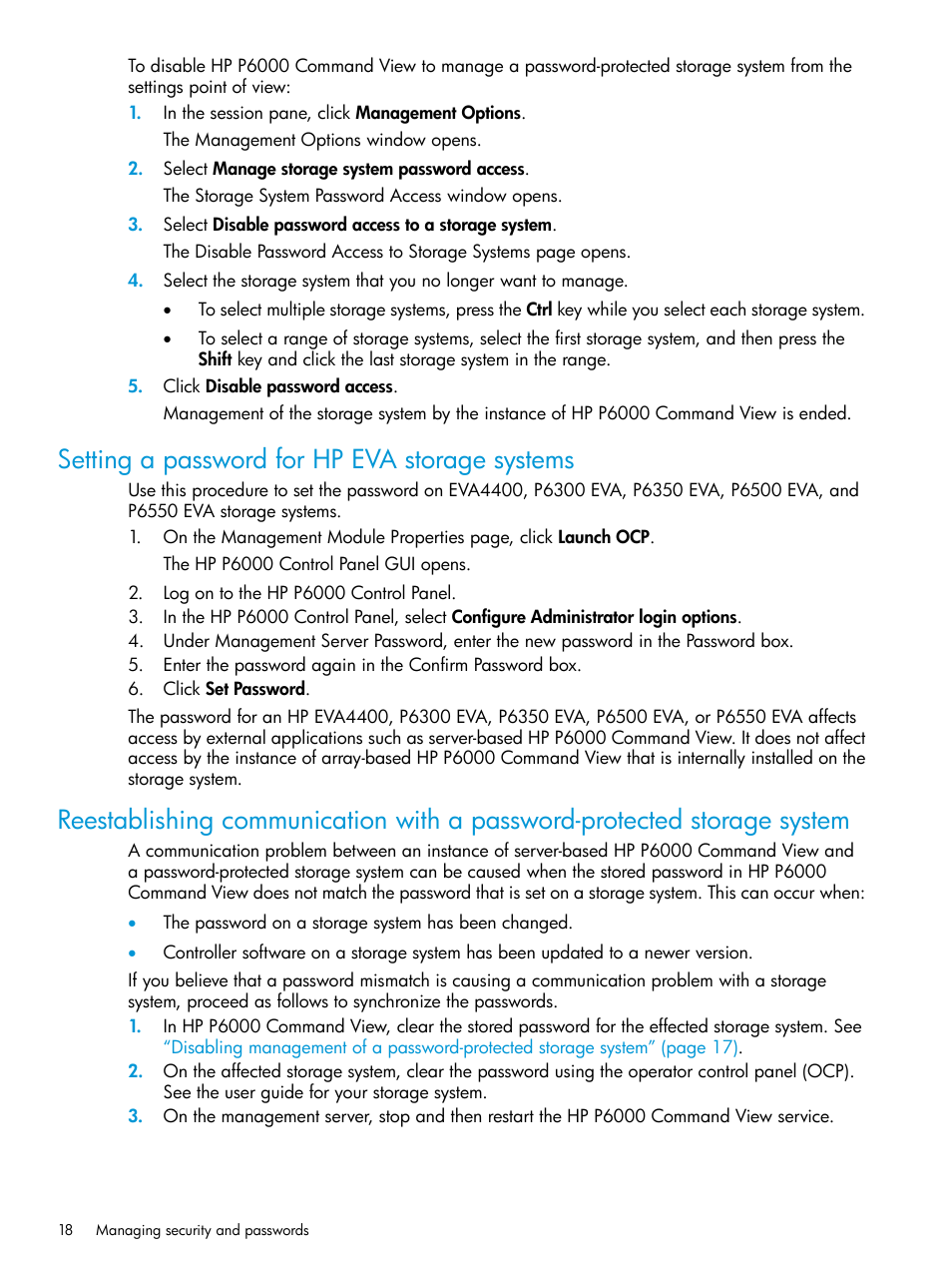 Setting a password for hp eva storage systems | HP Command View EVA Software User Manual | Page 18 / 113