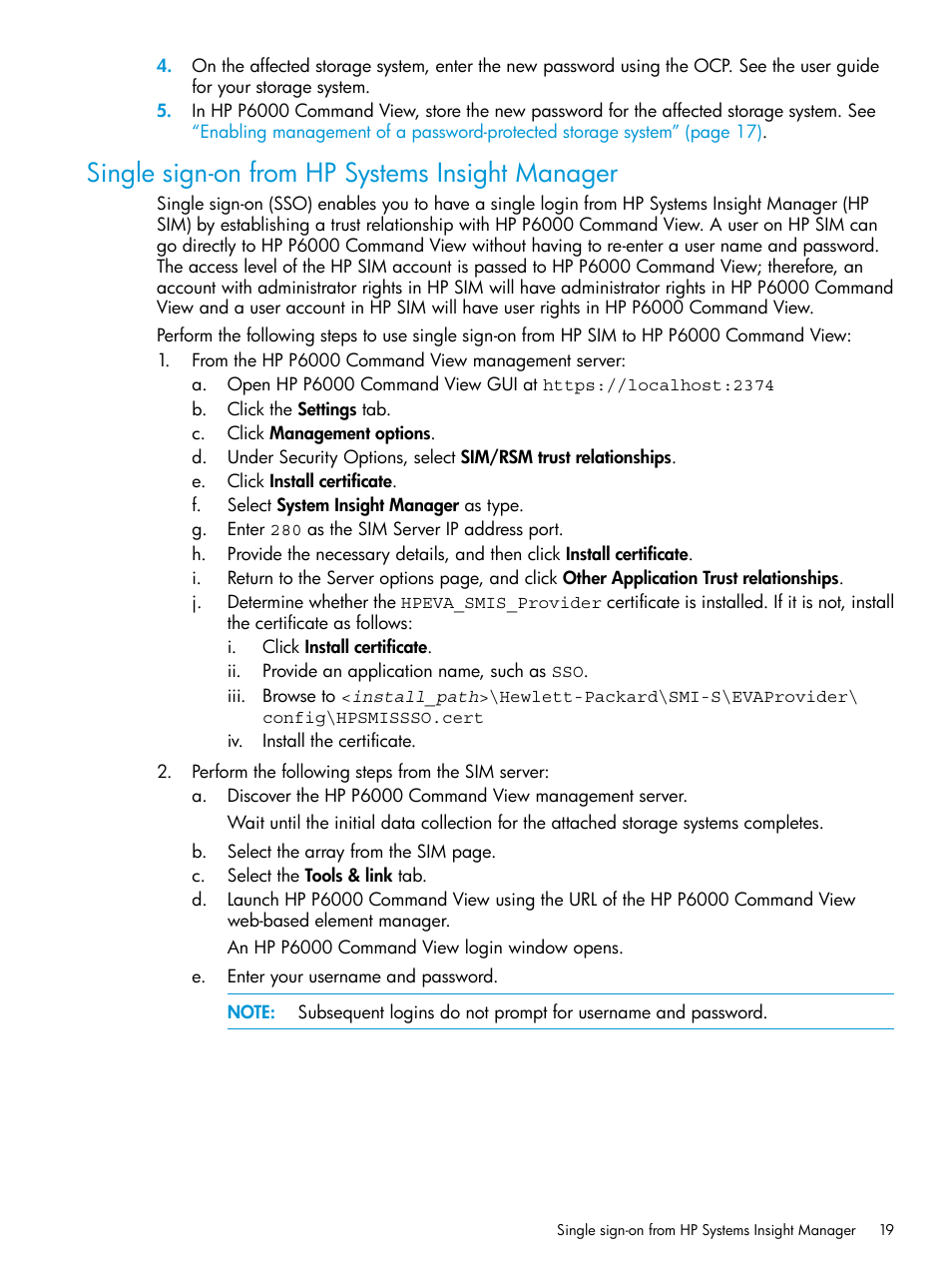 Single sign-on from hp systems insight manager | HP Command View EVA Software User Manual | Page 19 / 113