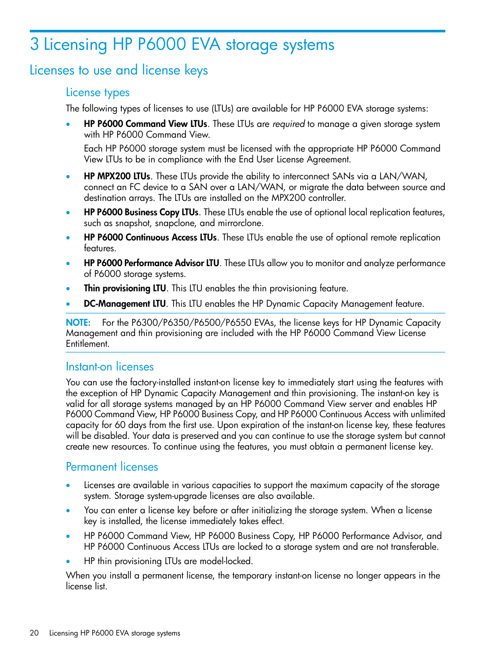 3 licensing hp p6000 eva storage systems, Licenses to use and license keys, License types | Instant-on licenses, Permanent licenses | HP Command View EVA Software User Manual | Page 20 / 113