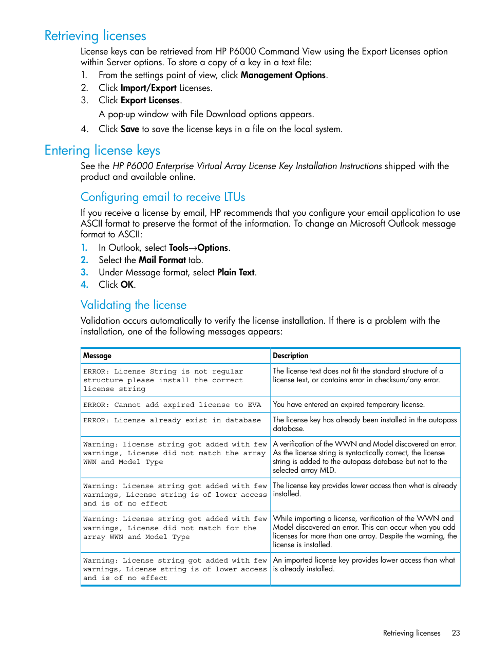 Retrieving licenses, Entering license keys, Retrieving licenses entering license keys | Configuring email to receive ltus, Validating the license | HP Command View EVA Software User Manual | Page 23 / 113