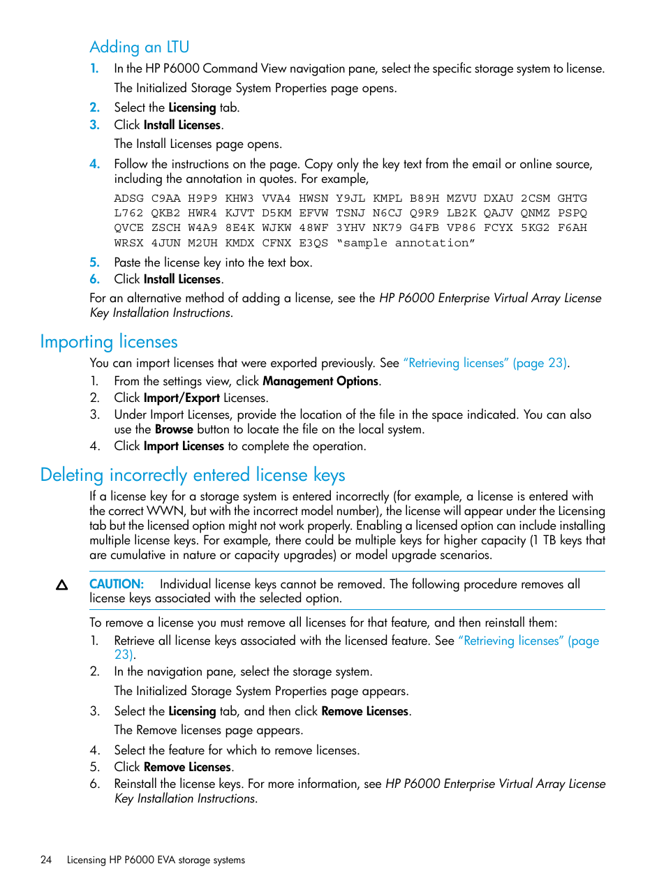 Importing licenses, Deleting incorrectly entered license keys, Adding an ltu | HP Command View EVA Software User Manual | Page 24 / 113