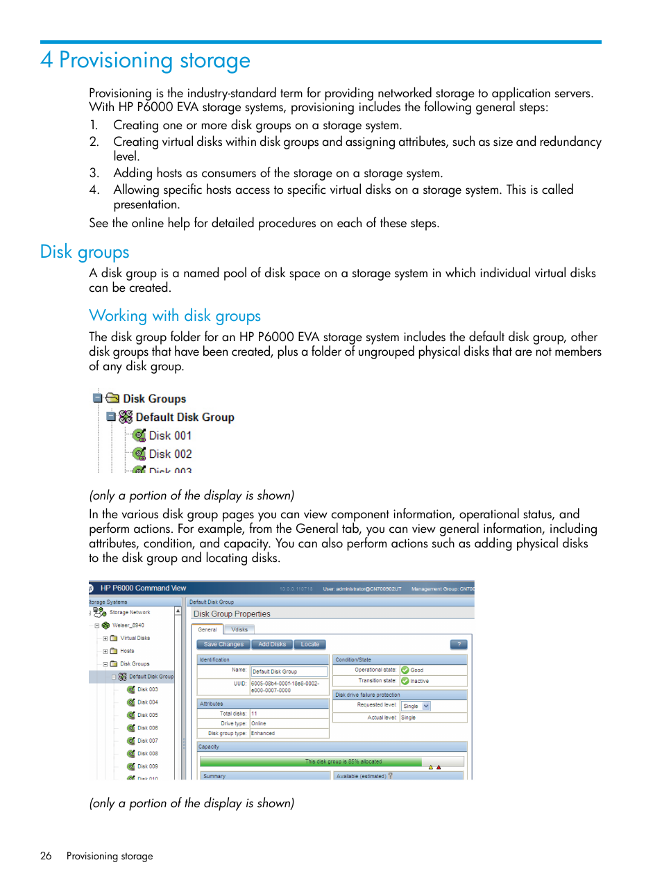 4 provisioning storage, Disk groups, Working with disk groups | HP Command View EVA Software User Manual | Page 26 / 113