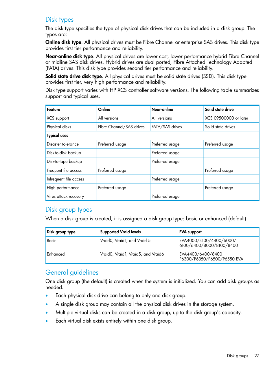 Disk types, Disk group types, General guidelines | HP Command View EVA Software User Manual | Page 27 / 113