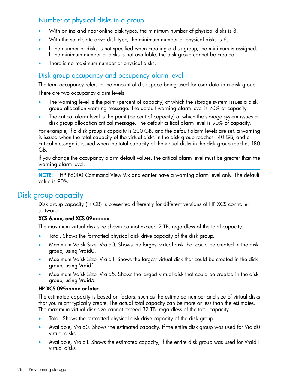 Disk group capacity, Number of physical disks in a group, Disk group occupancy and occupancy alarm level | HP Command View EVA Software User Manual | Page 28 / 113