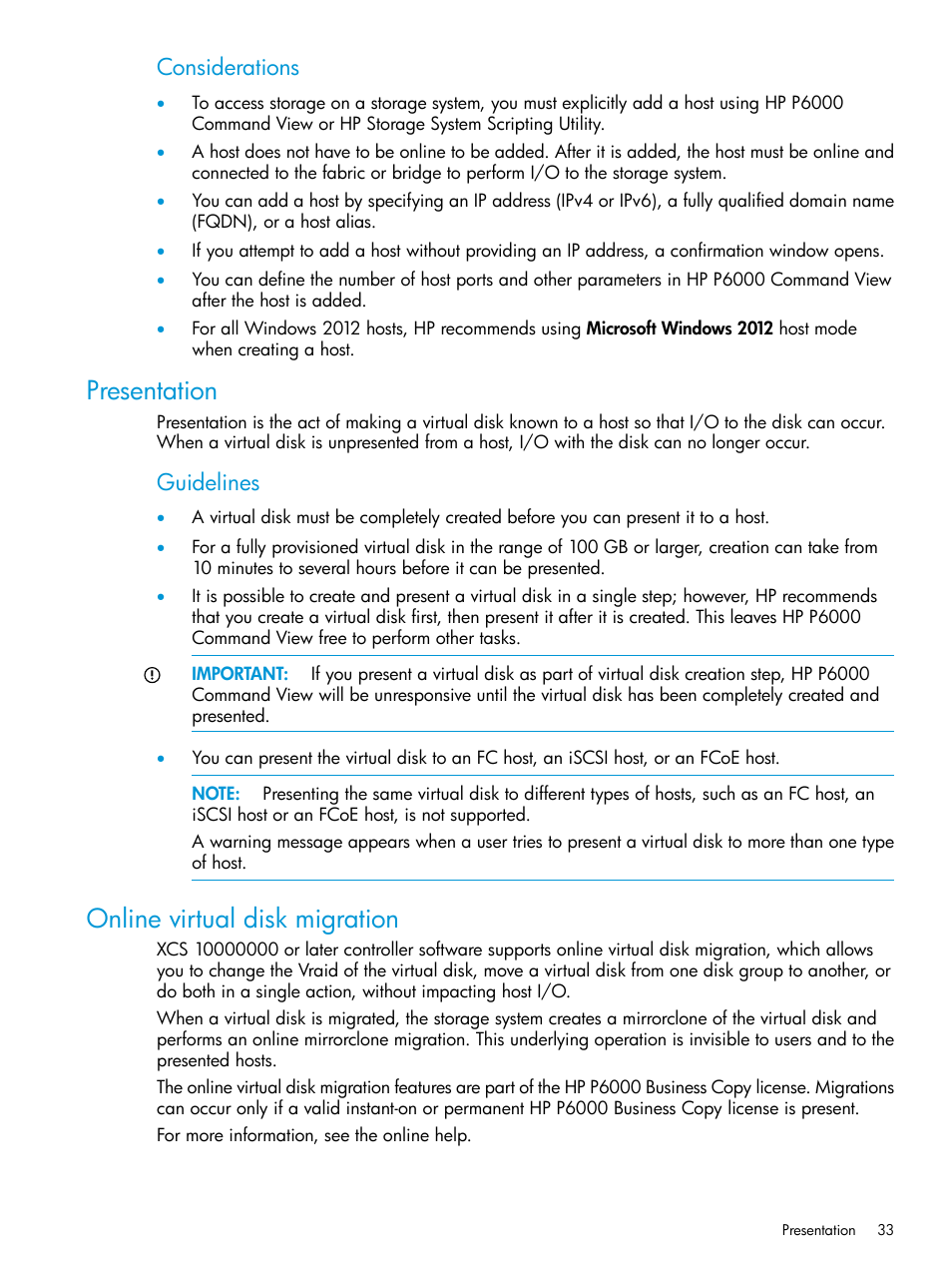 Presentation, Online virtual disk migration, Presentation online virtual disk migration | Considerations, Guidelines | HP Command View EVA Software User Manual | Page 33 / 113