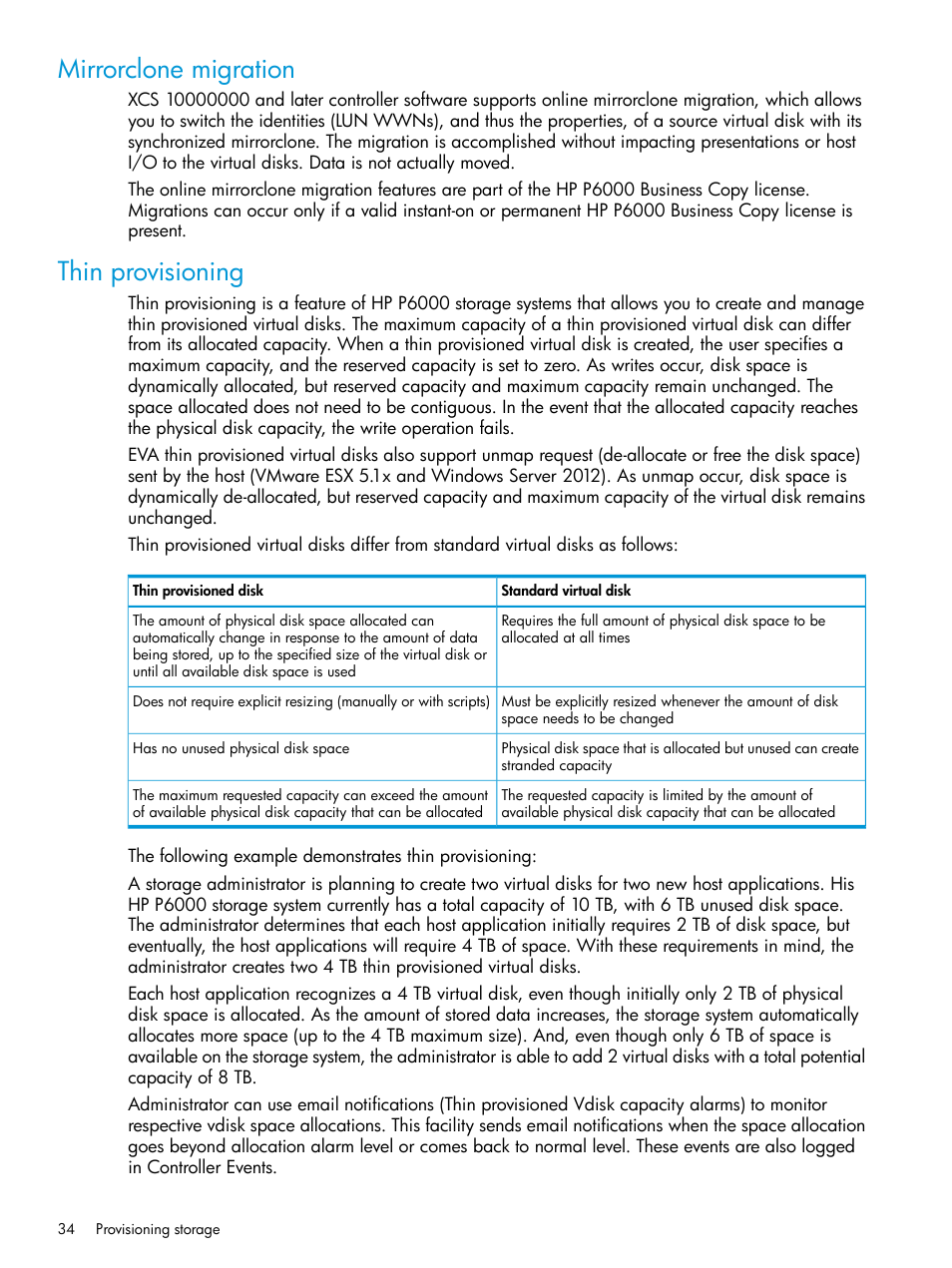 Mirrorclone migration, Thin provisioning, Mirrorclone migration thin provisioning | HP Command View EVA Software User Manual | Page 34 / 113