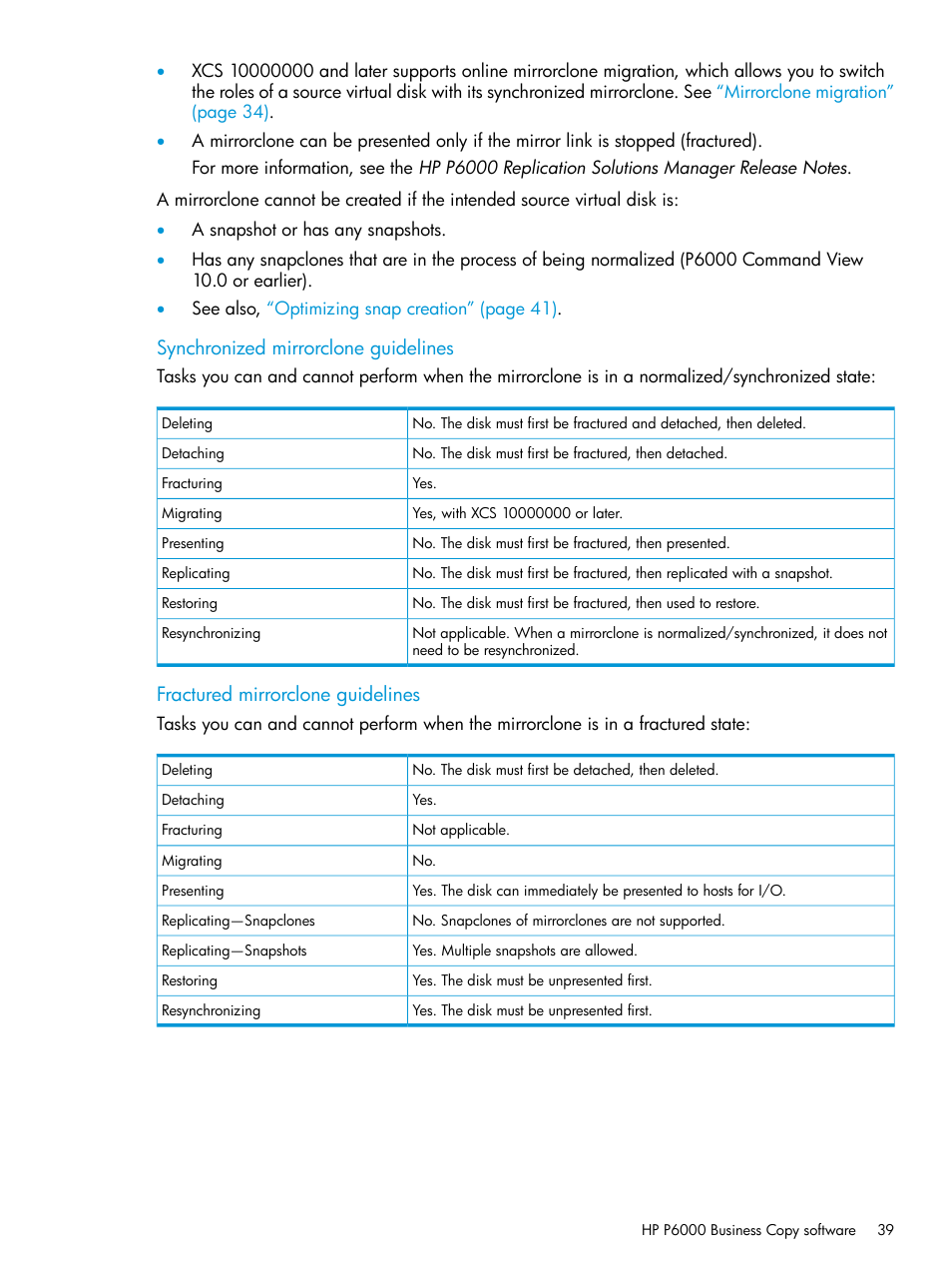 Synchronized mirrorclone guidelines, Fractured mirrorclone guidelines | HP Command View EVA Software User Manual | Page 39 / 113