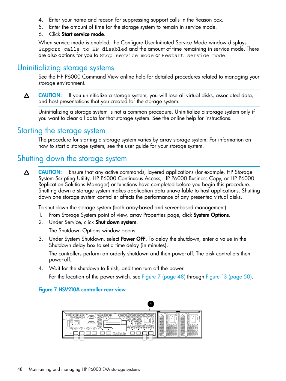 Uninitializing storage systems, Starting the storage system, Shutting down the storage system | HP Command View EVA Software User Manual | Page 48 / 113