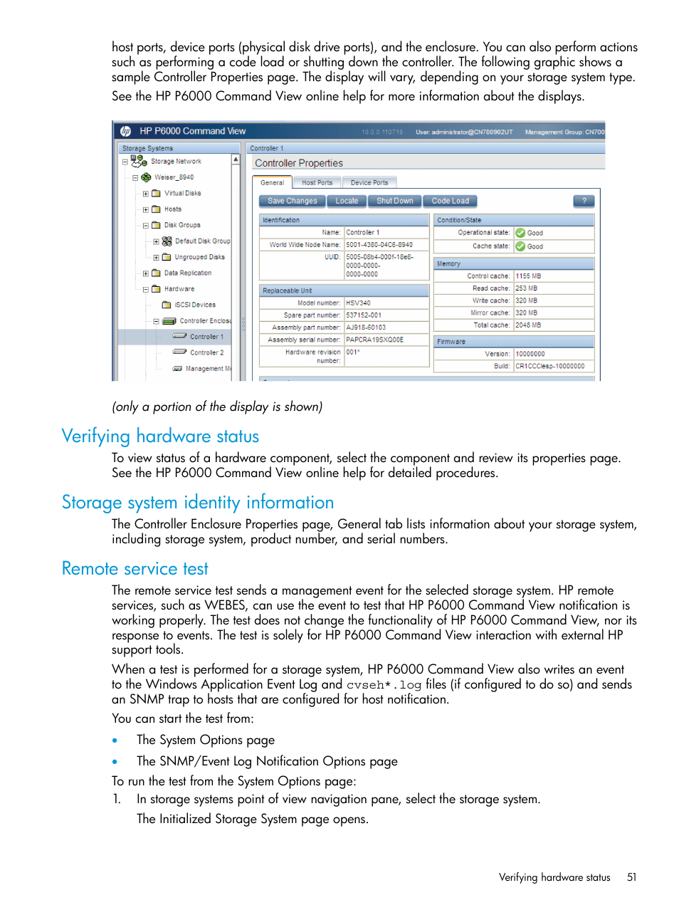 Verifying hardware status, Storage system identity information, Remote service test | HP Command View EVA Software User Manual | Page 51 / 113